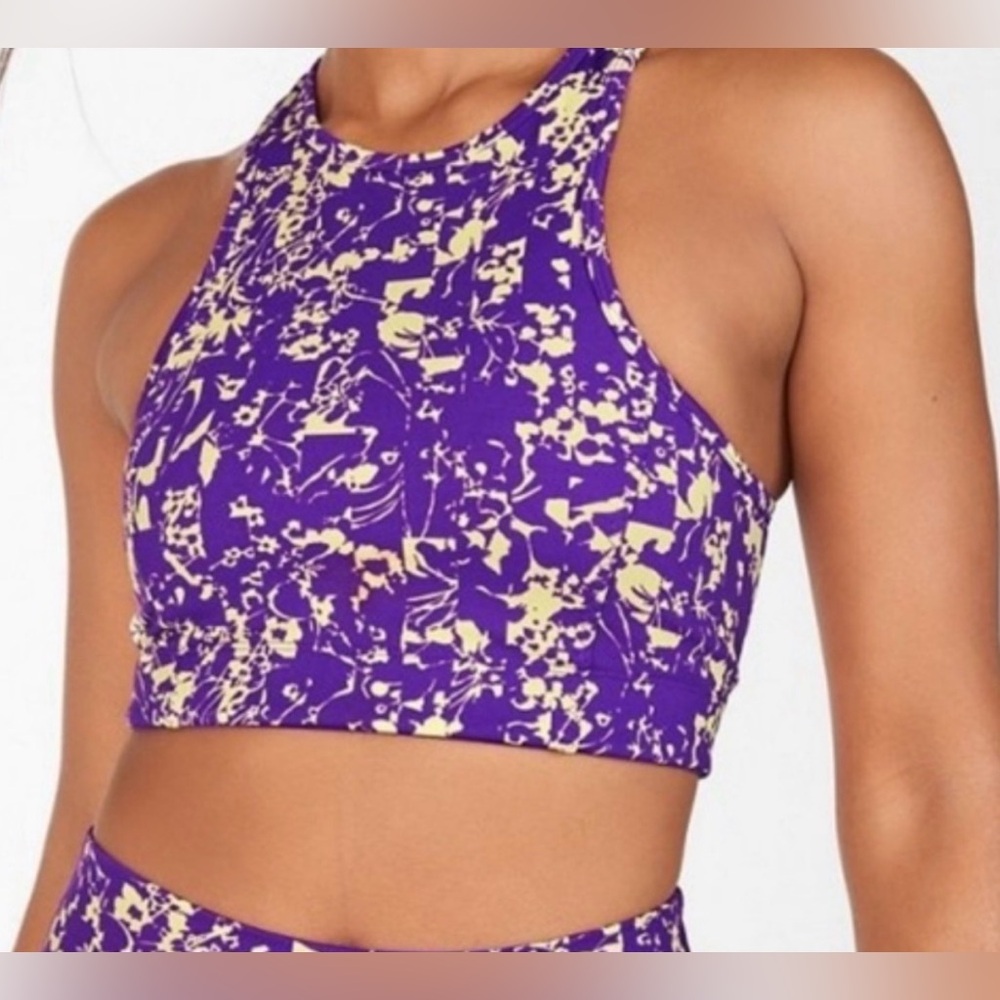 Fabletics Purple and Cream Abstract High Neck Sports Bra